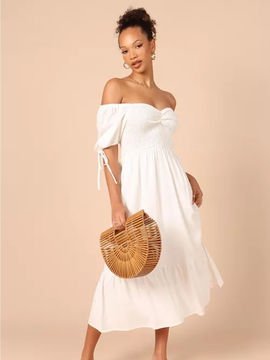 Petal & Pup Dresses & Skirts - Petal & Pup White Off-Shoulder Smocked Midi Dress